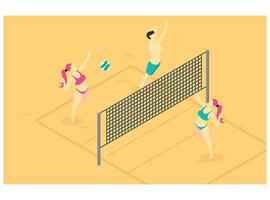 3D isometric playing beach volleyball on brown beach sand. Vector Isometric Illustration Suitable for Diagrams, Infographics, And Other Graphic assets