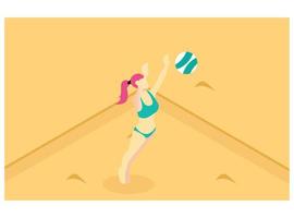 3D isometric playing beach volleyball on brown beach sand. Vector Isometric Illustration Suitable for Diagrams, Infographics, And Other Graphic assets