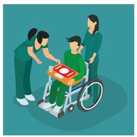 3D isometric pushing a patient in a wheelchair.  Vector Isometric Illustration Suitable for Diagrams, Infographics, And Other Graphic assets