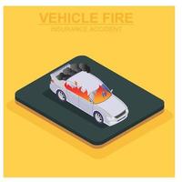 3d isométrico de un accidente de vehículo en la carretera provocado por un incendio. ilustración isométrica vectorial adecuada para diagramas, infografías y otros activos gráficos vector