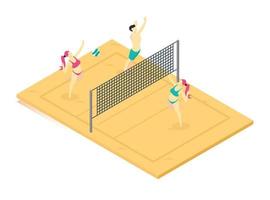 3d isométrico jugando voleibol de playa en arena de playa marrón. ilustración isométrica vectorial adecuada para diagramas, infografías y otros activos gráficos vector