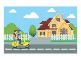 Flat illustration of vespa ride with friend on roadside .Vector Illustration Suitable for Diagrams, Infographics and Other Graphical assets vector