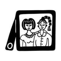 Photo frame with a portraits of girls. Simple vector icon. Hand drawn doodle isolated on white. A picture with a couple of girlfriends or lesbians. Two women hugging, smiling. Clipart for prints, web