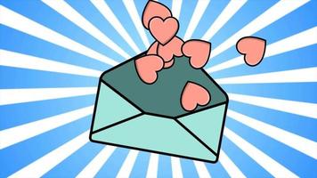 um envelope festivo com uma carta de amor para o dia dos namorados e muitos corações vermelhos voando contra o fundo dos raios azuis. fundo abstrato. vídeo em 4k de alta qualidade, design de movimento video