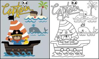 Vector cartoon of funny bear in pirate costume on sailboat, pirate elements illustration, coloring book or page