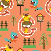 Seamless pattern vector of giraffe and bird cartoon, zoo elements illustration