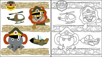 Vector cartoon of funny lion and elephant in soldier cap with military aircraft, coloring book or page