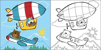 vector cartoon of air transportation cartoon with funny animals, coloring book or page