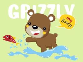 vector cartoon of funny grizzly bear try to catch a fish