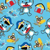 Seamless pattern vector of funny animals cartoon, cat in police costume hunting a mouse in thief costume