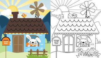 Vector cartoon of cute bunny in a house on sunrise background, coloring book or page