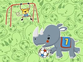 rinoceronte divertido con mono jugando fútbol en animales sonrisa cara fondo de patrón sin costuras. ilustración de dibujos animados de vectores