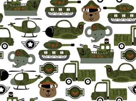 vector de patrones sin fisuras de dibujos animados de vehículos militares con animales divertidos en gorra del ejército