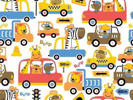 vector de patrones sin fisuras de dibujos animados de vehículos con conductor de animales divertidos