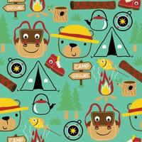 seamless pattern vector of camping elements cartoon with funny bear