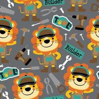 seamless pattern vector of cute lion cartoon in builder costume with it tools