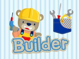 oso feliz con traje de constructor sosteniendo un taladro eléctrico con herramientas de construcción en un bolsillo. ilustración de dibujos animados de vectores