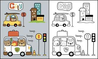 Animals cartoon on car in city traffic, coloring book or page vector