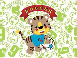 Funny little tiger holding ball on seamless pattern background of soccer elements and tiger smiling face. Vector cartoon illustration