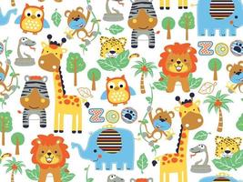 seamless, patrón, de, divertido, animales, caricatura, bosque, elementos, ilustración vector