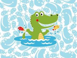 Vector of funny crocodile cartoon with two fish in swamp on seamless pattern background of fishes and crocodile face