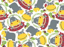 Seamless pattern vector of hippopotamus cartoon, turtle and fish