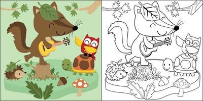 vector cartoon of woodland animals cartoon singing together, coloring book or page