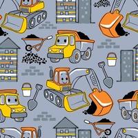 seamless pattern vector of hand drawn building process with funny construction vehicles cartoon