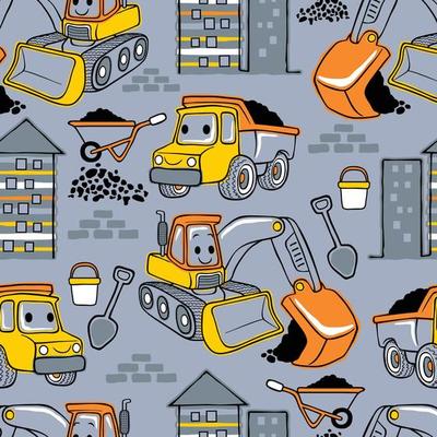 seamless pattern vector of hand drawn building process with funny construction vehicles cartoon