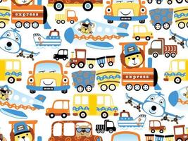 seamless pattern vector of colorful vehicles cartoon with cute animals driver