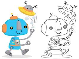 vector illustration of cute robots cartoon, coloring book or page