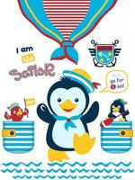 lindo pingüino disfrazado de marinero, pingüino sosteniendo paleta en el bolsillo, pájaro usando sombrero de marinero mientras sostiene una bandera en el bolsillo. ilustración de dibujos animados de vectores