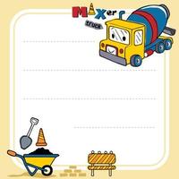 frame border template of hand drawn funny mixer truck cartoon, construction elements illustration vector