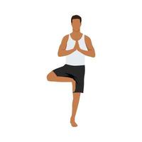 Young man practicing yoga with tree pose, vrksasana asana, stand on one leg. Flat vector illustration isolated on white background