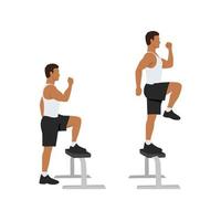 Man doing Step up with knee raises exercise. Flat vector illustration isolated on white background