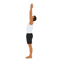 hombre haciendo pose de yoga urdhva namaskarasana. de pie con el ejercicio upavishtha konasana. ilustración vectorial plana aislada sobre fondo blanco vector