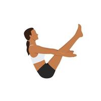 Woman doing Complete Boat Pose, Naukasana, Navasana. Beautiful girl practice Paripurna Navasana. Flat vector illustration isolated on white background