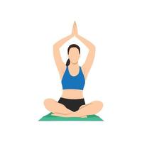 Woman doing Seated Mountain Pose in Auspicious Pose. Practice Parvatasana in Swastikasana. Flat vector illustration isolated on white background