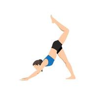 mujer haciendo pose de perro boca abajo de tres patas pierna de escorpión. practicar tri pada adho mukha svanasana vrschikasana pada vector