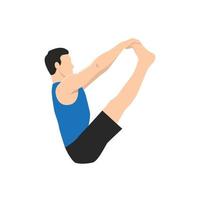 Man doing Both Big Toe Pose, Double Toe Hold, Balancing Stick Pose, Dronasana. Practice Ubhaya Padangusthasana. Flat vector illustration isolated on white background