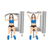 Woman doing a shoulder press exercise on a weight machine exercise. Flat vector illustration isolated on white background