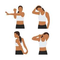 Woman stretching her neck, arms and shoulders. hand. Flat vector illustration isolated on white background