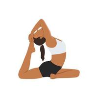 Woman doing One Legged King Pigeon Pose Iii. Practice Eka Pada Rajakapotasana Iii. Flat vector illustration isolated on white background