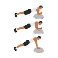 Man doing bosu ball plank to push up or walking plank up downs exercise. Flat vector illustration isolated on white background