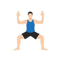 Man doing Goddess Pose, Fierce Angle Pose, Victory Squat Pose, Practice Utkata Konasana. Flat vector illustration isolated on white background