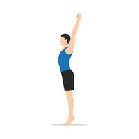 Man doing Palm Tree Pose on Tiptoes. Practice Urdhva Hastasana on Tiptoes. Flat vector illustration isolated on white background