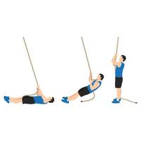 Man doing Rope climbing lying to stand up exercise. Flat vector illustration isolated on white background