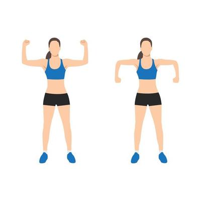 Woman doing doing exercise - scarecrow arms elbow shoulder rotations. Flat vector illustration isolated on white background