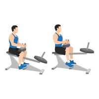 Man doing exercise using gym equipment. Seated calf machine raises. Flat vector illustration isolated on white background