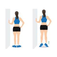 Woman doing external rotation or bodyweight calf raises exercise. Flat vector illustration isolated on white background